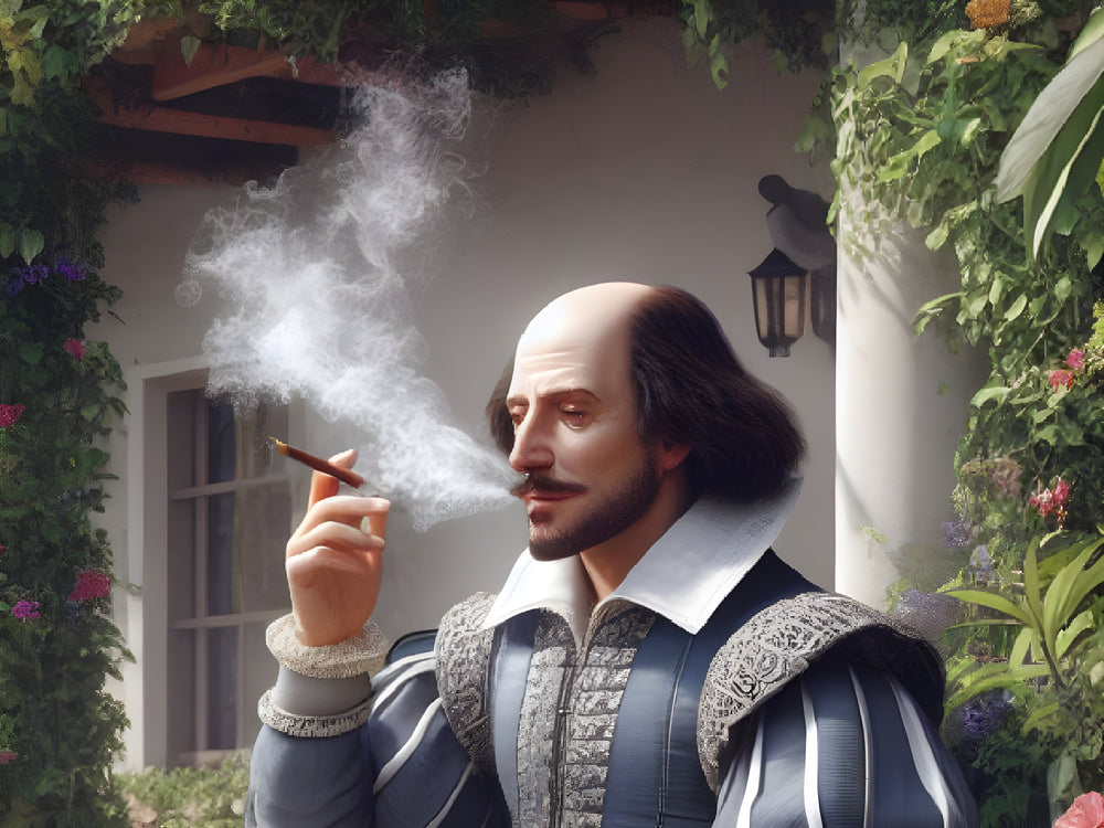 Shakespeare smoking a pipe in his garden