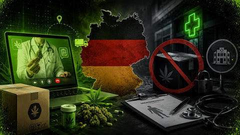 Cannabis Versandverbot in Deutschland: offene Laptop, Deutschland in Map; Cannabisblüten und Verpackungen mit rote STOP Zeichen