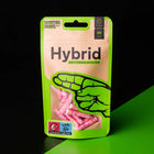Hybrid Aktivkohlefilter 55er Pack Kunterbunt Edition – magentafarbene Filter in braun-grüner Verpackung mit Handlogo und Hinweis „Filter enthält Kunststoff“, Ø 6,4 mm.
