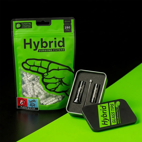 Bag250 und Glass Tips Bundle Produktfoto mit offene Metalldose für Glass Filter und Hybrid Supreme Filters Classic White 250er Bag 