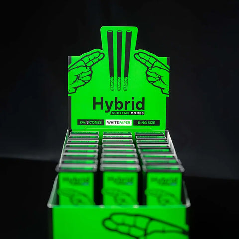 Hybrid Conical Cones Display von oben – 24 Boxen mit je 3 Cones mit Aktivkohlefilter, unscharfe Draufsicht