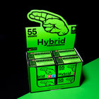 Hybrid Supreme Filters 55er Displaybox mit mehreren Packungen Aktivkohlefilter (Ø 6,4 mm) – leuchtend grüne Verpackung mit Handlogo und Aufschrift „Superfine Coconut Charcoal“, hergestellt in Österreich.