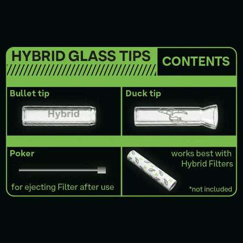 Hybrid Glass Tips Set Inhalt: Bullet Tip aus Glas, Duck Tip aus Glas und Poker zum Herausdrücken des Filters, funktioniert am besten mit Hybrid Aktivkohlefiltern.
