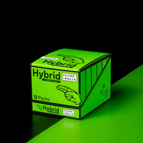 Geschlossener Hybrid Kombipack Display in Neongrün mit 12 Packs Filter + Rolls, schwarzem Zeigefinger-Logo und perforierter Öffnungslinie.