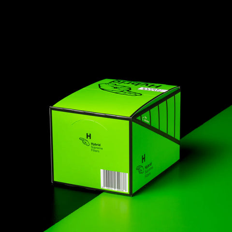 Rückansicht des Hybrid Kombipack Umkartons mit Barcode, dem Kennzeichen "H Hybrid Supreme Filters" und der Aufreißhilfe "Hier abziehen".