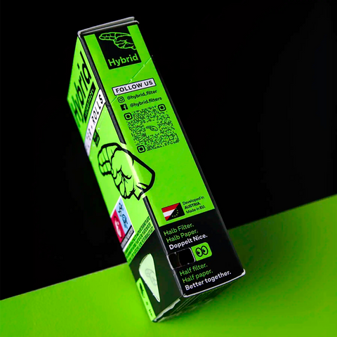 Hybrid Filter Supreme Kombipack oldalnézet – 6,4 mm-es aktívszenes tipek és rolling paper egy dobozban
